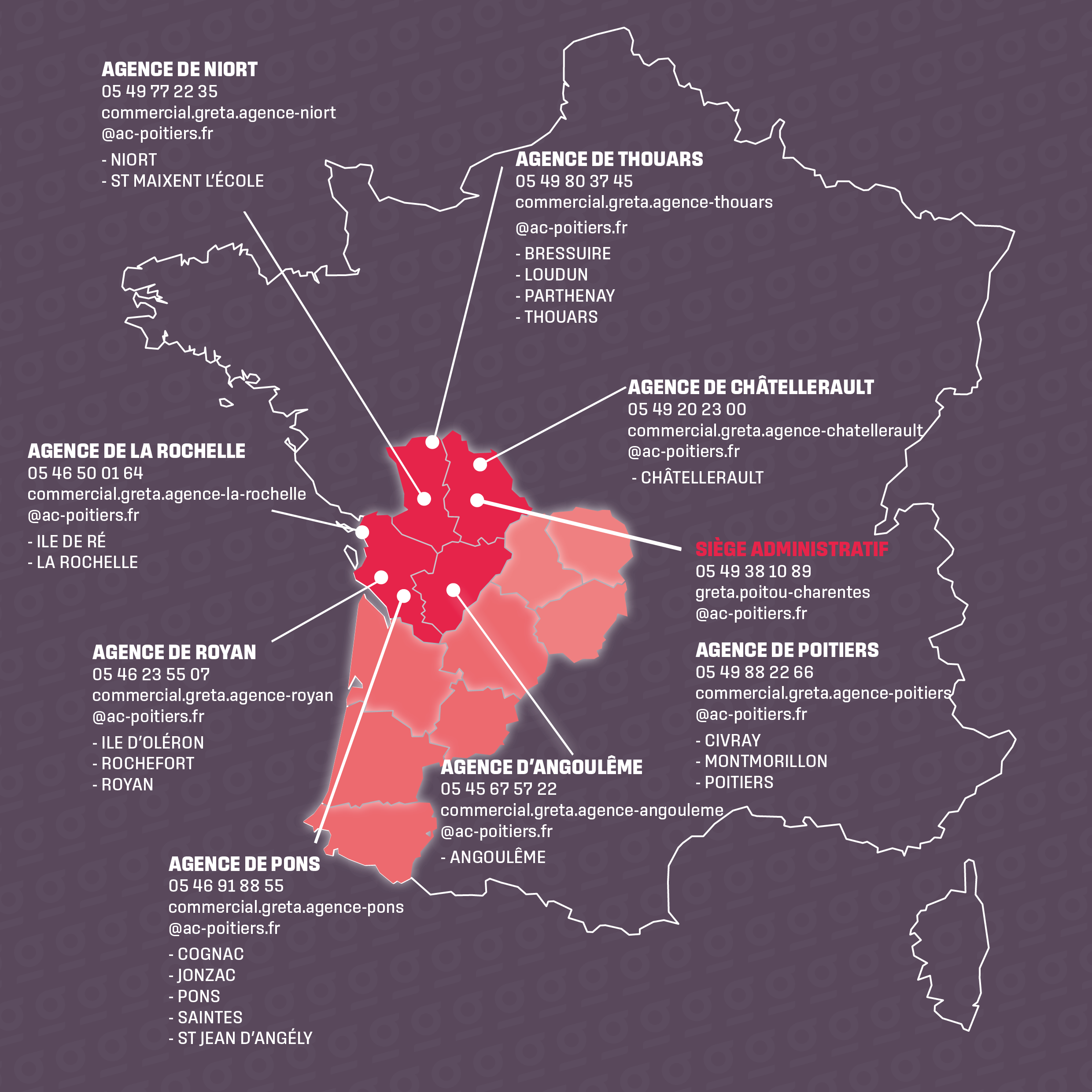 Carte et coordonnées du Greta Poitou-Charentes le siège administratif et les 8 agences