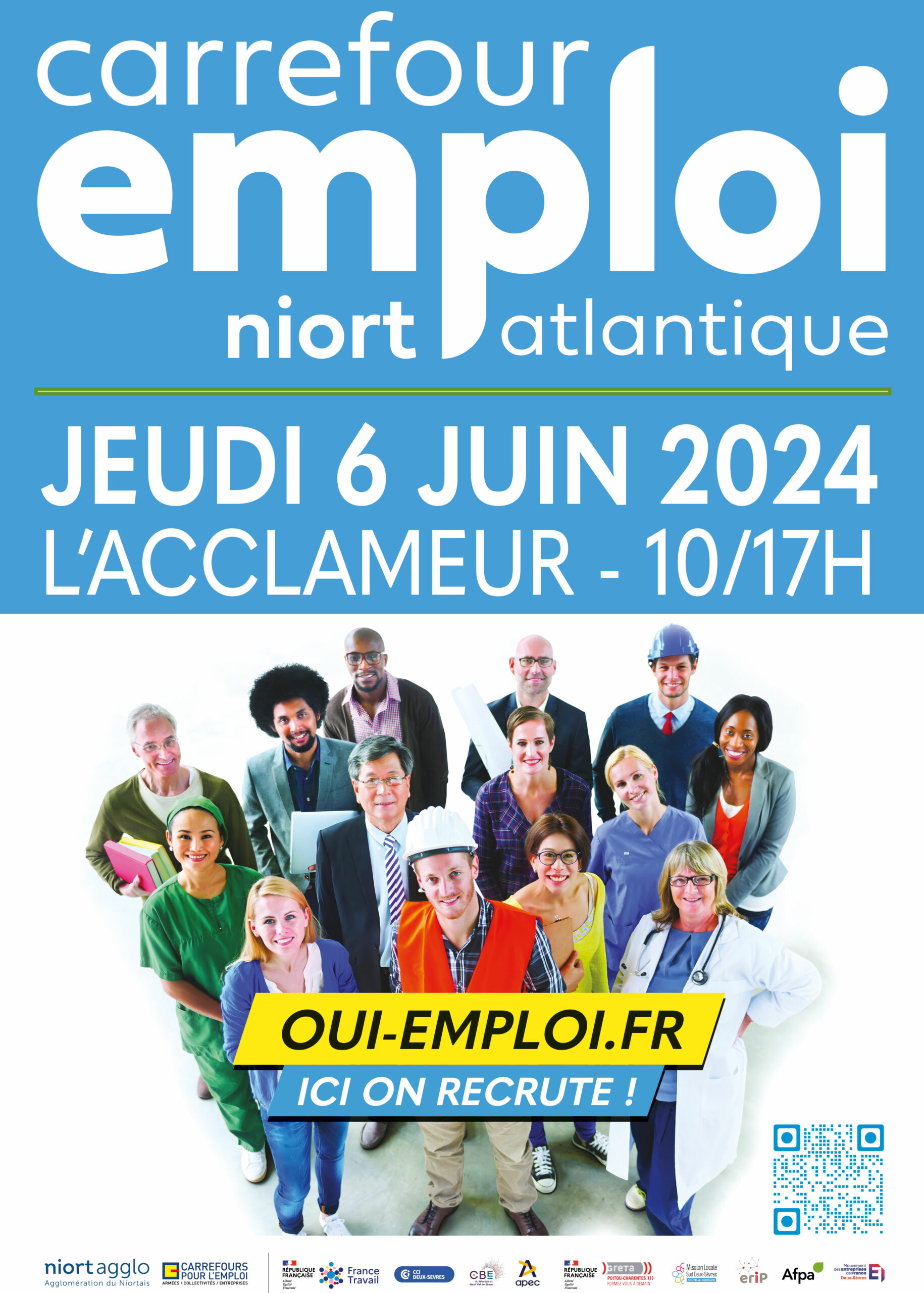 Affiche du salon Carrefour Emploi à Niort salle l'Acclameur le 6 juin 2024. Offres d'emploi, recrutement, formations